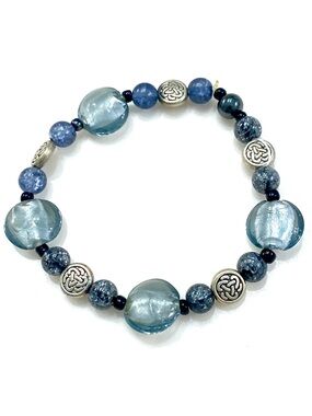 Vintage Handmade Celtic Knot Beaded Stretch Bracelet Ice Blue Foil Glass Boho